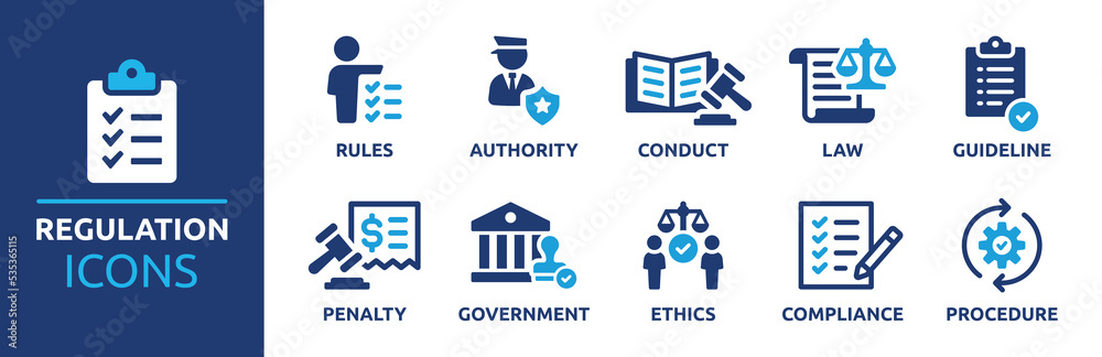 Regulation icon collection. Containing rules, authority, conduct, law, guideline, penalty, government, ethics, compliance and procedure icons. Vector illustration. - obrazy, fototapety, plakaty 