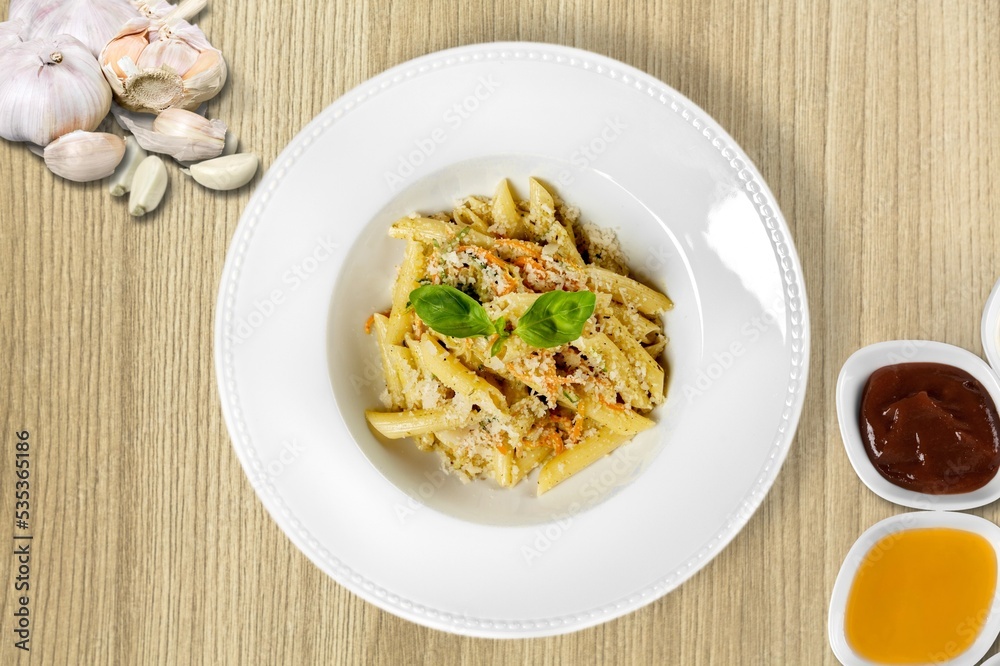 Italian Summer Salad with Pasta on plate. Fresh and healthy summer food