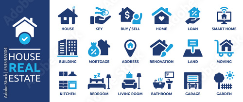 House or Real estate icon set. Containing house, key, buy, sell, loan, smart home, building, mortgage, address, renovation, land, kitchen, bedroom, living room, bathroom. Solid icon vector collection. photo