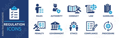 Obraz Regulation icon collection. Containing rules, authority, conduct, law, guideline, penalty, government, ethics, compliance and procedure icons. Vector illustration.