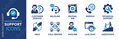 Customer service and support icon set. Containing helpline, mutual aid, service, technical support, help, call center, hotline, live chat and assistance. Collection of vector symbol illustration. photo