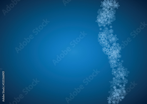 New Year snowflakes on blue background with sparkles. Horizontal Christmas and New Year snowflakes falling. For season sales, special offer, banners, cards, party invites, flyer. White frosty snow