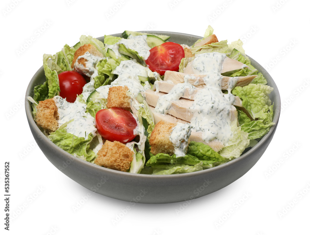Bowl of delicious salad with Chinese cabbage, cucumber, meat and tomatoes isolated on white Bowl of delicious salad with Chinese cabbage, cucumber, meat and tomatoes isolated on white