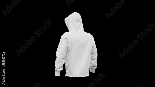 white hoodie with hood mockup, walking loop animation clothing design