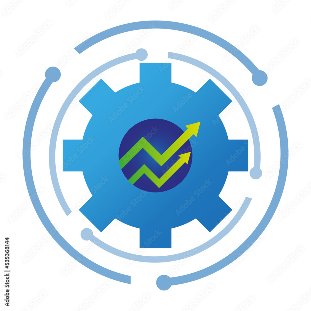 gear arrow symbol. Growth chart sign. Flat infographic element with gear arrow symbol. Vector illustration. Stock image. 