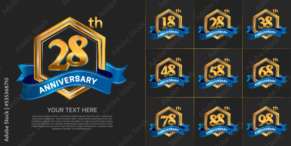set of anniversary with gold color and blue ribbon can be use for celebration event set of anniversary with gold color and blue ribbon can be use for celebration event