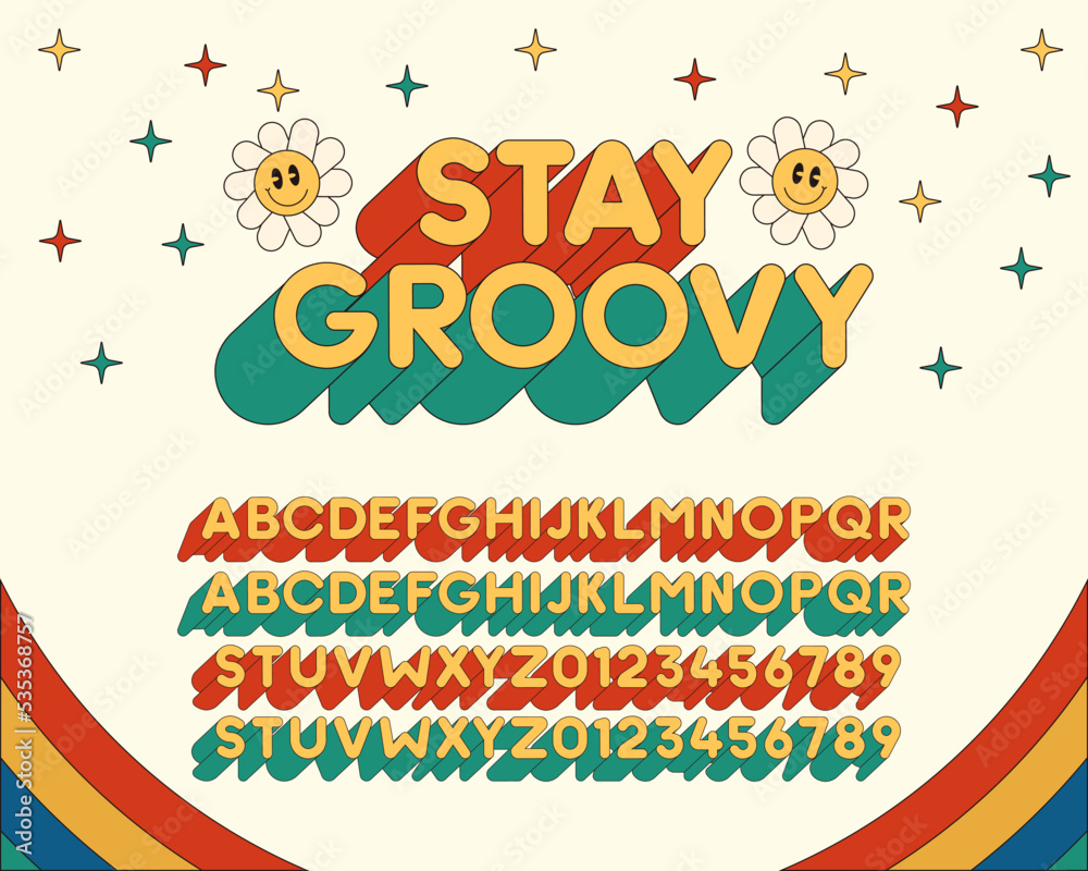 Vecteur Stock Retro 60s early 70s groovy alphabet. Vector vintage hippy  funky font. Stay Groovy | Adobe Stock