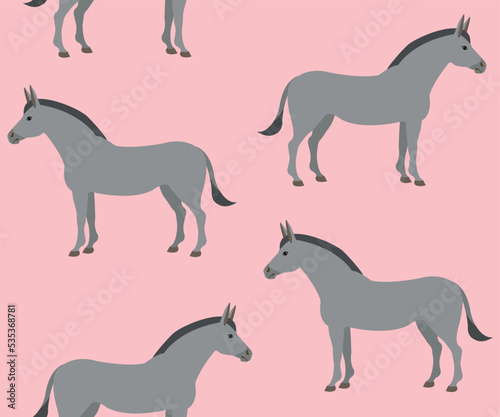 Vector seamless pattern of flat hand drawn donkey isolated on pink background