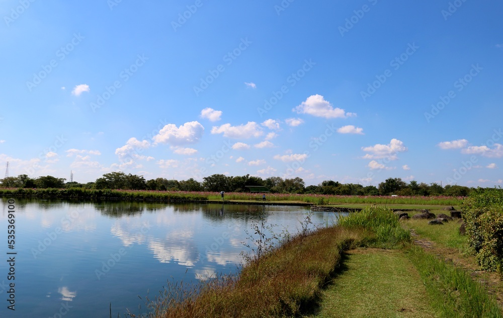 青空が水面に映る清々しい風景　秋の河川敷　鬼怒グリーンパーク