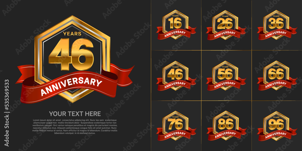 set of anniversary with gold color and red ribbon can be use for celebration event