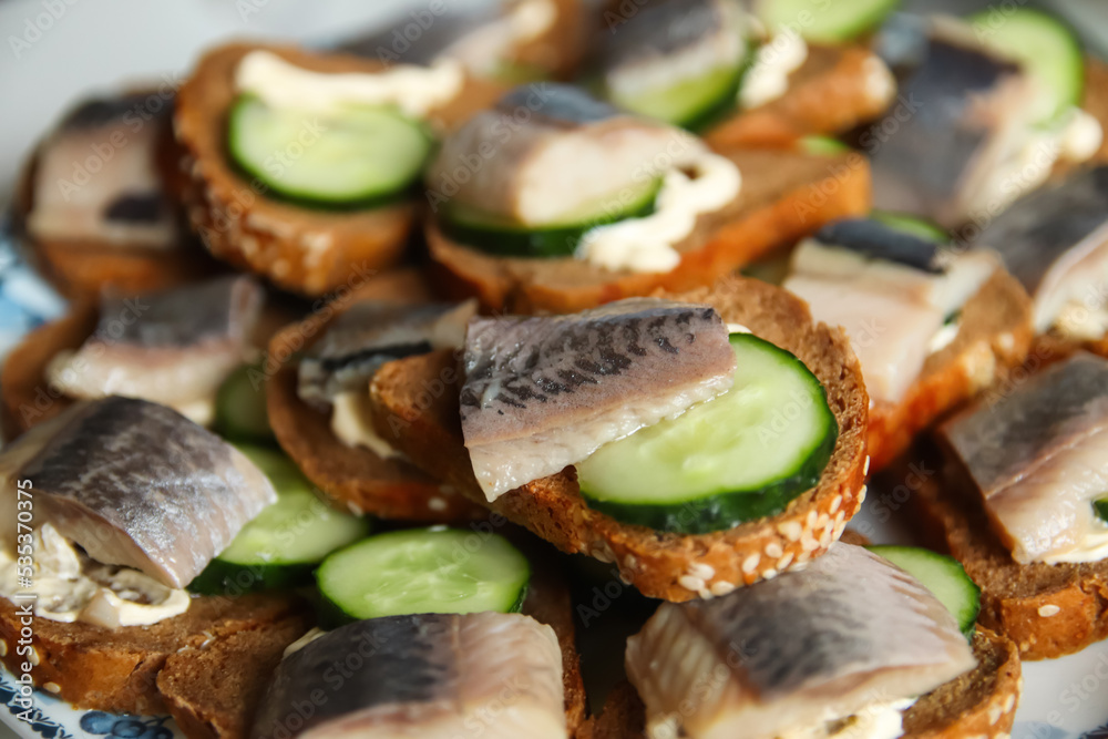 Defocus sandwich with herring and cucumber. A piece of black bread. Healthy food. Plate of sandwiches with fresh herring fish on dark background. Out of focus Defocus sandwich with herring and cucumber. A piece of black bread. Healthy food. Plate of sandwiches with fresh herring fish on dark background. Out of focus