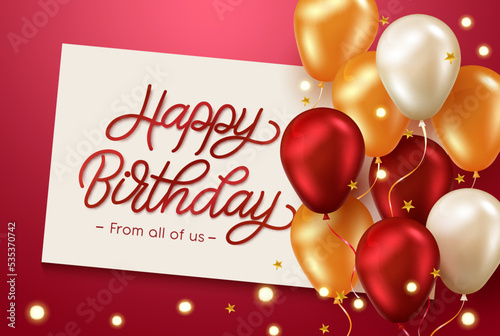 Birthday greeting vector template design. Happy birthday text in board empty space with red and gold balloons for birth day card messages. Vector illustration.
