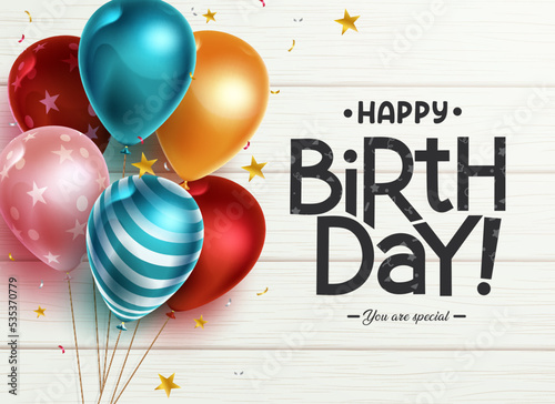 Birthday greeting vector design. Happy birthday text with balloon bunch party element in colorful and pattern design for birth day celebration messages. Vector illustration.
