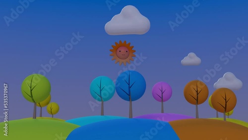 Time lapse of  cartoon rice terrace hill from day to sunset time (3D Rendering)