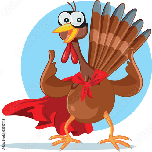 Superhero Turkey Wearing a Red Cape Vector Cartoon Illustration. Cute, adorable bird wearing a super action hero costume
