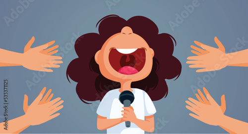 Little Girl Singing Receiving Applause Vector Cartoon Illustration. Talented kid performing on a stage receiving standing ovations
