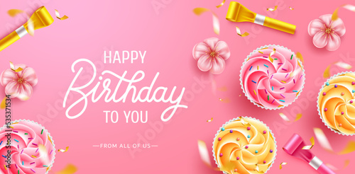 Birthday vector background design. Happy birthday greeting text with cupcakes, cherry blossom and horn in pink space for birth day messages. Vector illustration.
