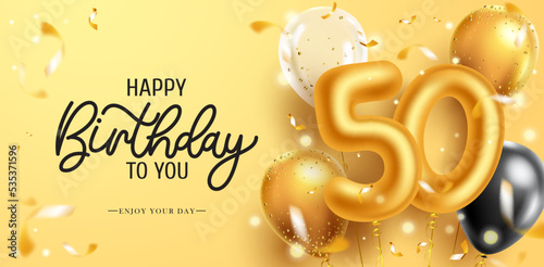 Birthday greeting theme vector design. Happy birthday text with elegant metallic number balloons for 50th gold birth day celebration messages. Vector illustration.
 photo