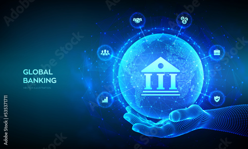 Banking. Finance and banking networking. Business global internet connection. Financial technology. Digital marketing. World map point line composition. Earth planet globe in wireframe hand. Vector.