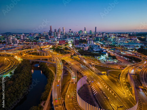 Aerial view of Brisbane city and highway traffic in Australia at night