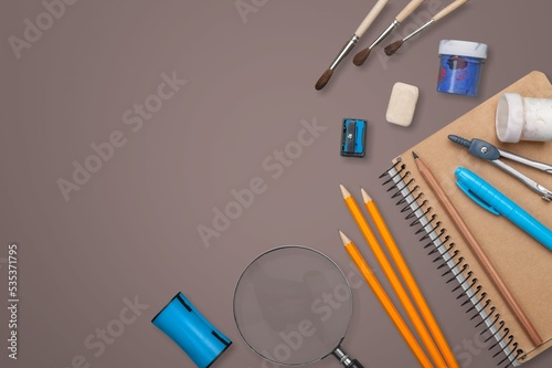 Education supplies and stationary at background texture. School concept idea