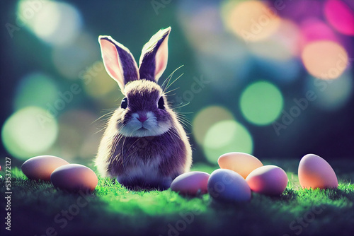 Cute Easter bunny with dyed colorful eggs for holiday springtime easter celebrations generative AI