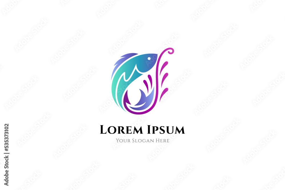 Fototapeta premium Fish with hook logo for fishing, seafood and fish product