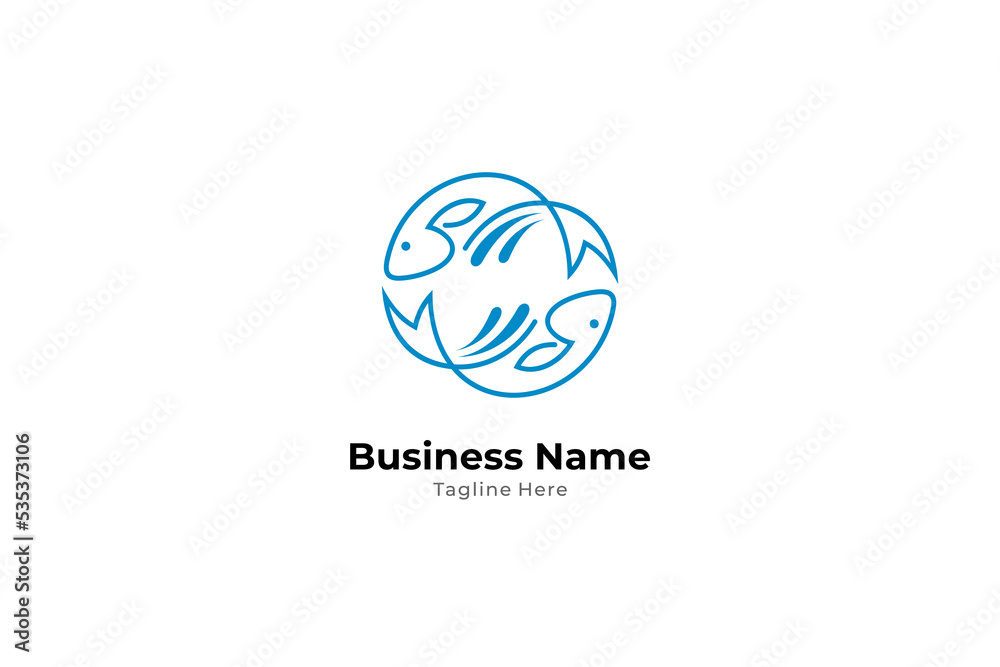 Two blue fish logo with circular shape in linear design style Two blue fish logo with circular shape in linear design style