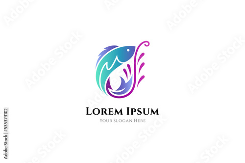 Fish with hook logo for fishing, seafood and fish product