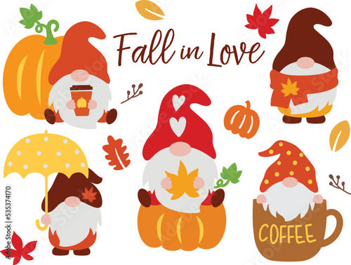 Vector illustration of cute fall autumn gnomes with pumpkins, maple leaves, umbrella, and coffee.