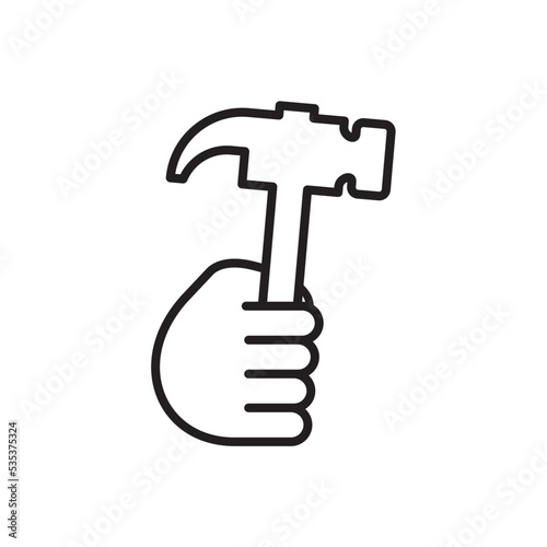 Hand holding hammer to repair or fix things line art vector icon for apps and websites