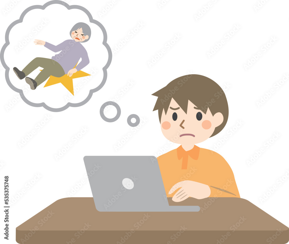 高齢者が転倒したことを記録する介護士 高齢者が転倒したことを記録する介護士