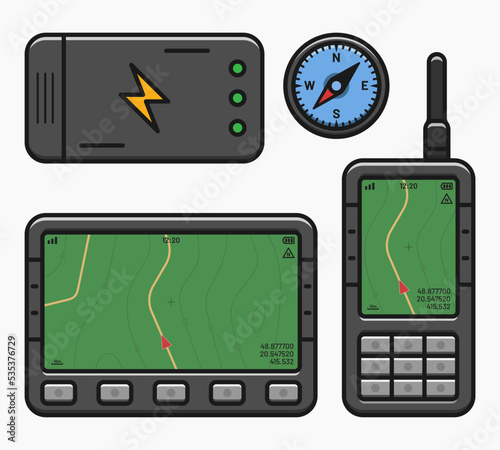 portable gps navigation system compass battery set isolated background vector flat illustration