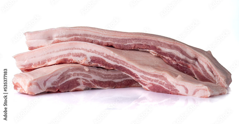 Slide pork belly rew or streaky pork on white background