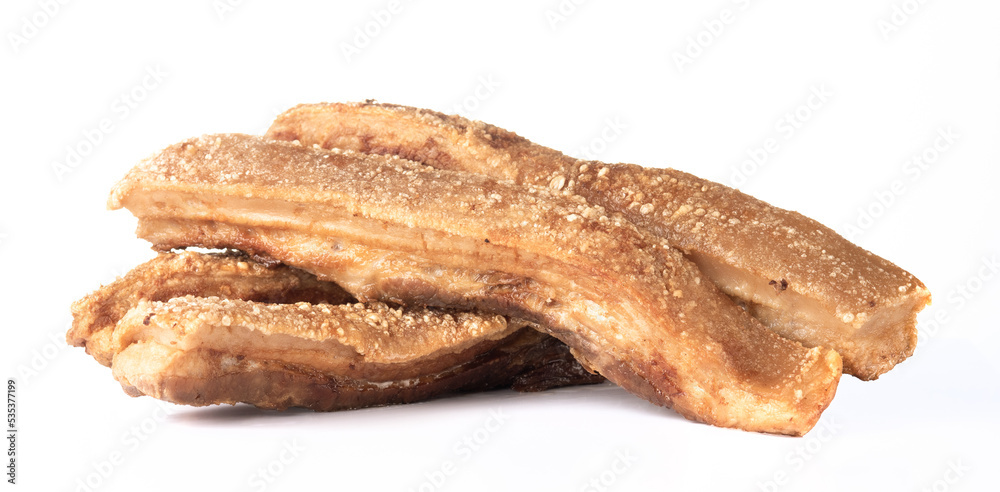 Slide pork belly or streaky pork on white background,deep fried pork Slide pork belly or streaky pork on white background,deep fried pork