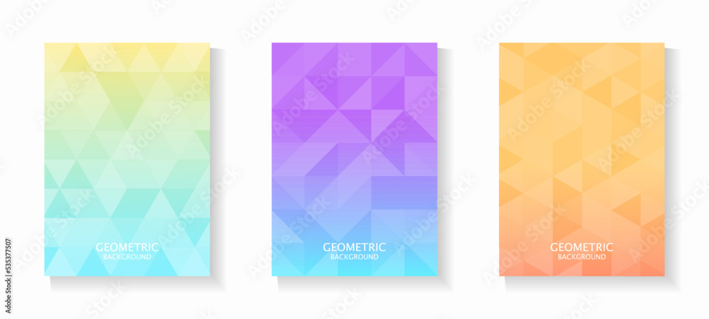 Vector set of gradient geometric backgrounds in bright pastel colors. Triangle patterns on pastel gradient background. For book cover, notebook cover, brochure, poster, flyer, web banner, etc.