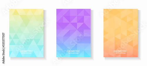 Vector set of gradient geometric backgrounds in bright pastel colors. Triangle patterns on pastel gradient background. For book cover, notebook cover, brochure, poster, flyer, web banner, etc.