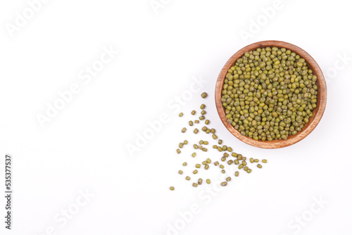 mung beans viewed from above on white background and space for graphics 