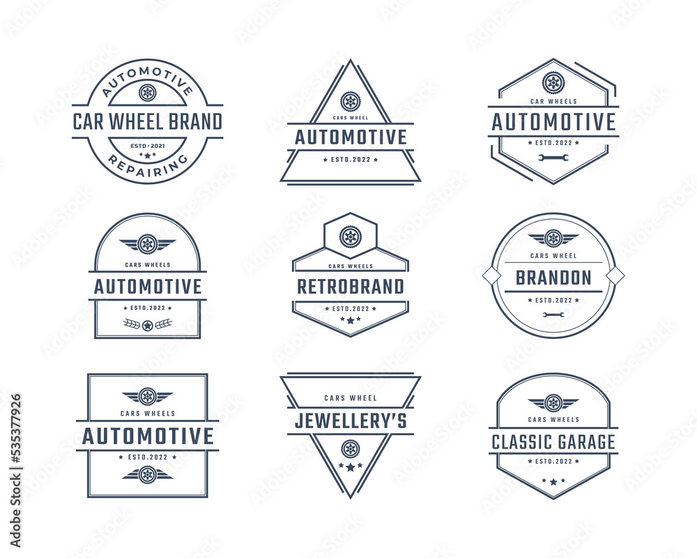 Vintage Retro Badge Emblem Logotype Car wheel Logo With Tire silhouette Design Linear Style