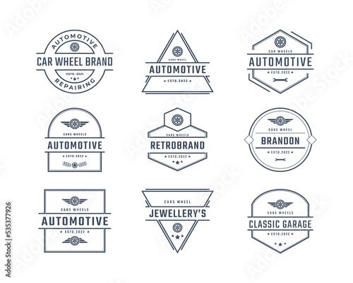 Vintage Retro Badge Emblem Logotype Car wheel Logo With Tire silhouette Design Linear Style