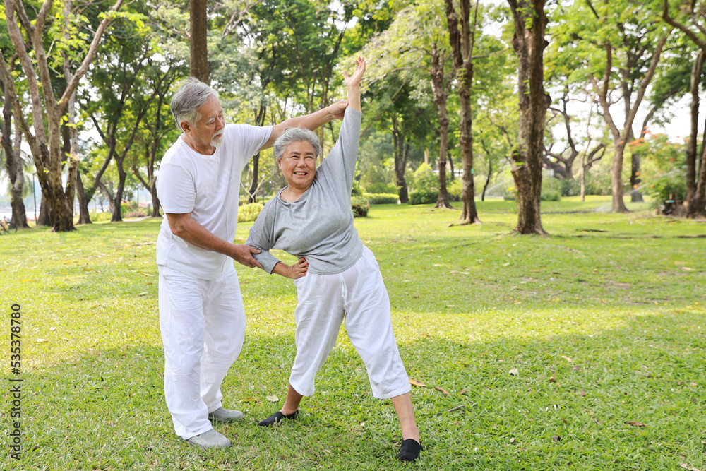 Asian senior couple practice yoga excercise, tai chi tranining, stretching and meditation together with relaxation for healthy in park outdoor after retirement. Happy elderly outdoor lifestyle concept Asian senior couple practice yoga excercise, tai chi tranining, stretching and meditation together with relaxation for healthy in park outdoor after retirement. Happy elderly outdoor lifestyle concept