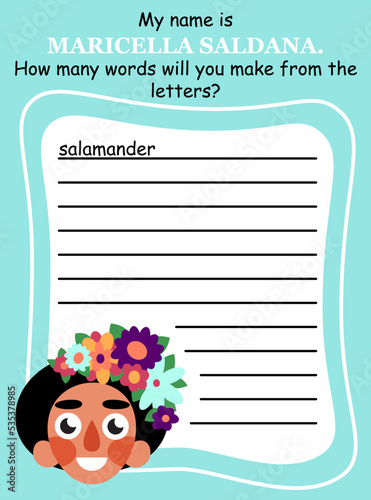 Anagram game in English with funny tropical girl vector illustration. English learn practice - write as many words by white letters as you can. Funny word game for children printable page