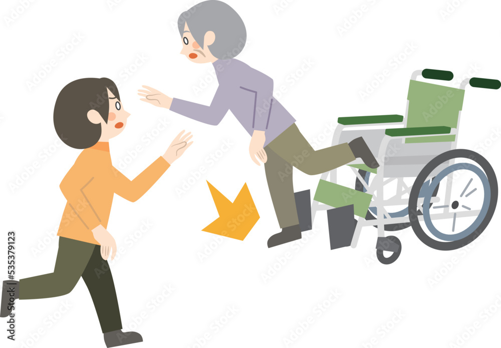 Obraz premium 高齢者 車椅子につまづく 転倒