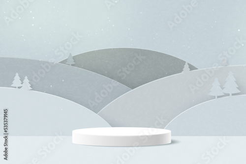 3d Paper cut abstract minimal geometric shape template background.White cylinder podium on mountains landscape.Minimal winter scene background.Vector illustration.
