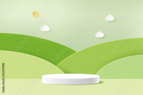 3d Paper cut abstract minimal geometric shape template background.White cylinder podium on green nature mountains landscape.Vector illustration.