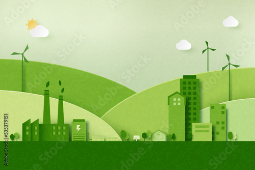 Green industry and alternative renewable energy.Green eco friendly cityscape background.Paper art of ecology and environment concept.