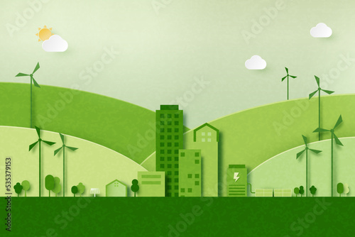 Fototapeta Naklejka Na Ścianę i Meble -  Ecology concept with green eco city background.Environment conservation resource sustainable.Vector illustration.