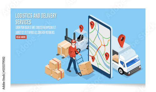 3D isometric Logistics and Delivery services concept with People transport product boxes from suppliers to buyers and Warehouse, truck, forklift. Vector illustration eps10