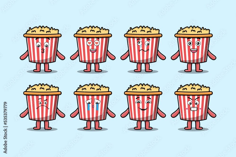 Set kawaii Popcorn cartoon character with different expressions cartoon face vector illustrations