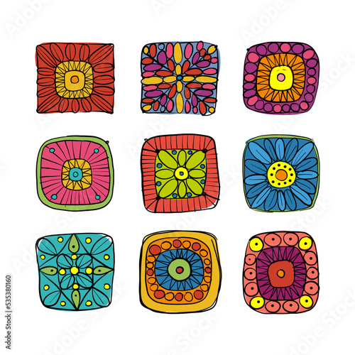 Granny square crochet. Knitted wear. Folk art motif with flowers. Vector illustration